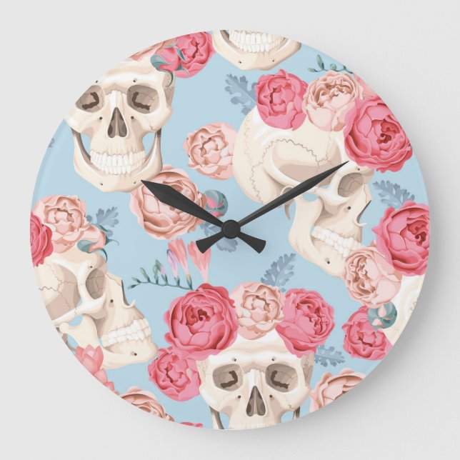 Skulls and Roses Vintage Pattern Large Clock (Front)