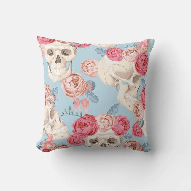 Skulls and Roses Vintage Pattern Throw Pillow (Front)