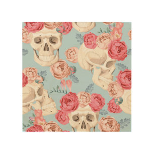 Skulls and Roses Vintage Pattern Wood Wall Art