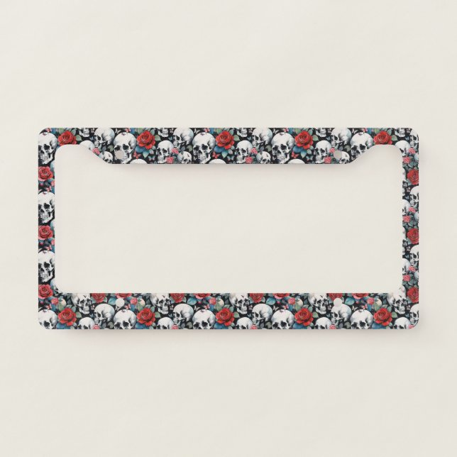 Skulls and Roses with Butterflies in black License Plate Frame (Front)