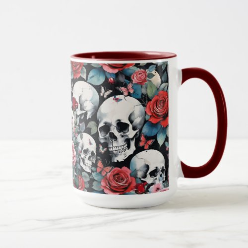 Skulls and Roses with Butterflies on Black Mug