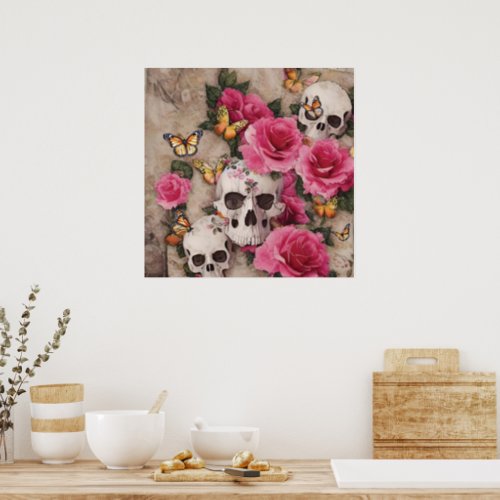 Skulls and Roses with Butterfly Accents Poster