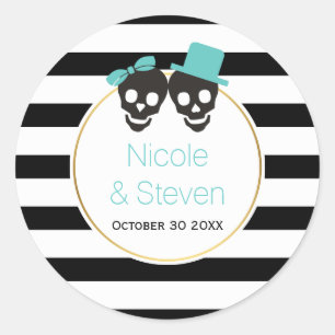 Skulls and stripes aqua blue Halloween wedding Classic Round Sticker