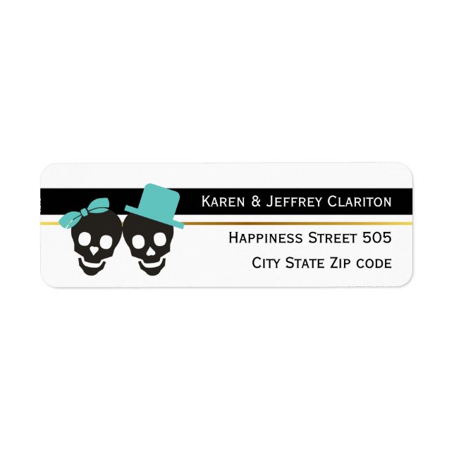 Skulls and stripes aqua Halloween wedding Label (Front)
