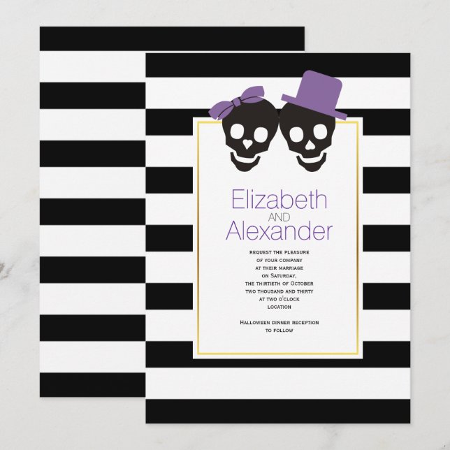 Skulls and stripes purple Halloween wedding Invitation (Front/Back)