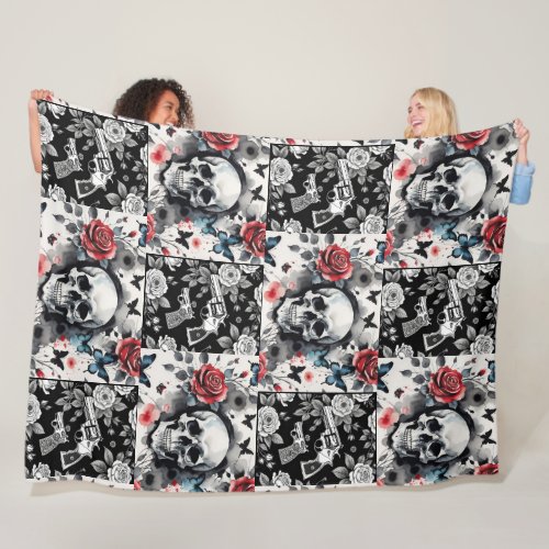 Skulls and Vintage Revolvers Floral Fleece Blanket