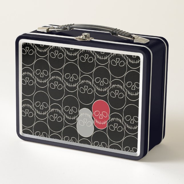 Skulls - Bat Black and Bone White Metal Lunch Box (Front)