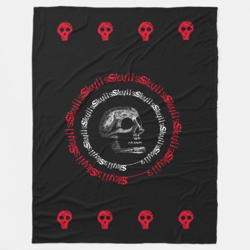 Skulls Black  WhiteGreyRed Fleece Blanket