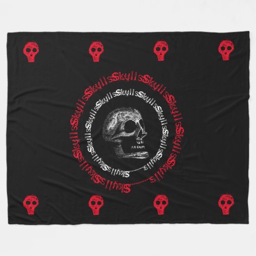 Skulls Black  WhiteGreyRed Style 2 Fleece Blanket