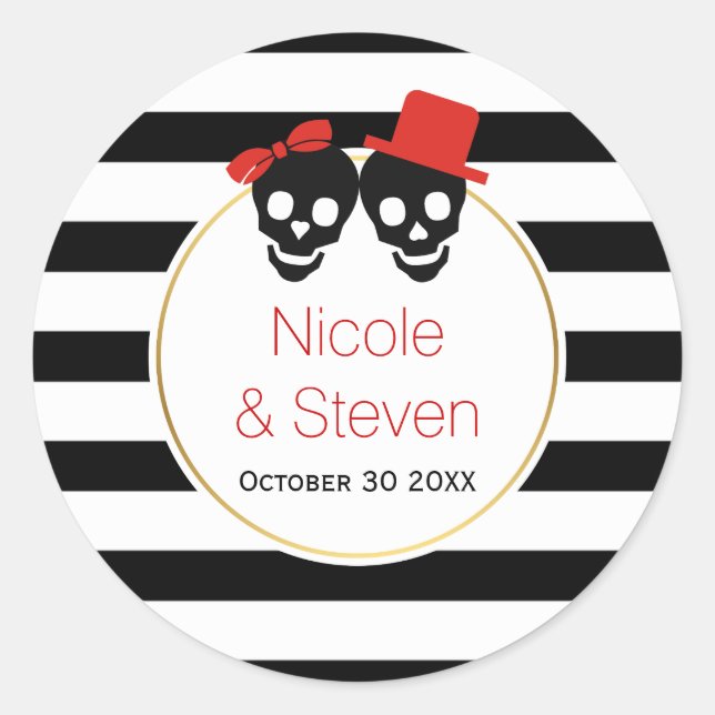 Skulls,  black white stripes red Halloween wedding Classic Round Sticker (Front)