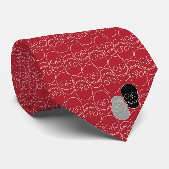  Skulls - Blood Red and Bone White  Neck Tie (Rolled)