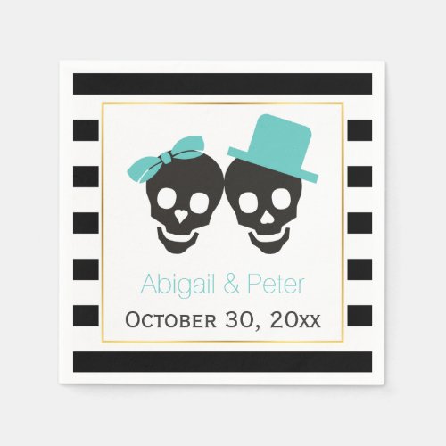 Skulls couple and stripes aqua Halloween wedding Napkins