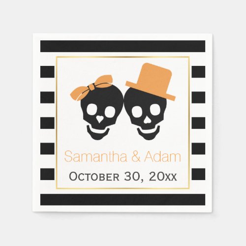 Skulls couple and stripes Halloween wedding Paper Napkins
