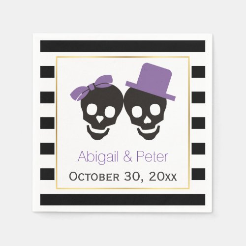 Skulls couple and stripes purple Halloween wedding Napkins