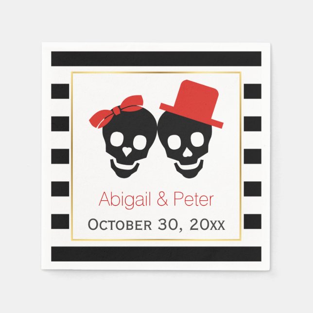Skulls couple and stripes red Halloween wedding Napkins (Front)