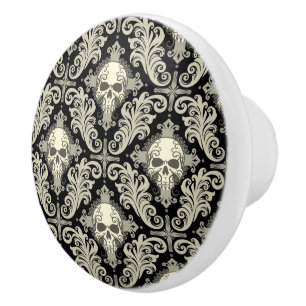 Skulls & Crosses Black and Cream Damask Pattern Ceramic Knob
