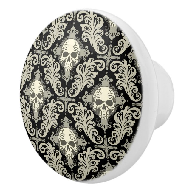 Skulls & Crosses Black and Cream Damask Pattern Ceramic Knob (Right)