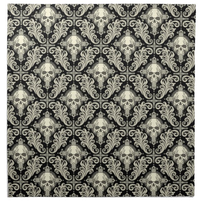 Skulls & Crosses Black and Cream Damask Pattern Cloth Napkin (Front)