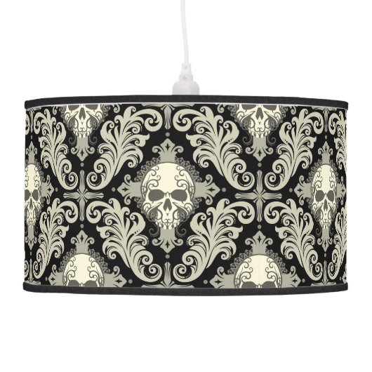 Skulls & Crosses Black and Cream Damask Pattern Hanging Lamp (Left)