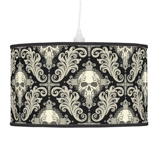 Skulls & Crosses Black and Cream Damask Pattern Hanging Lamp (Right)