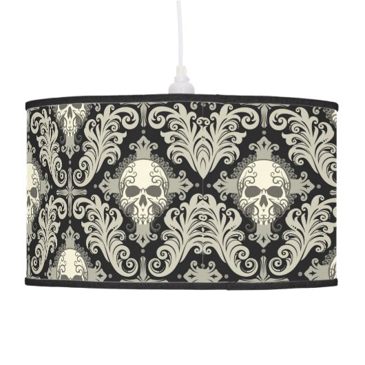 Skulls & Crosses Black and Cream Damask Pattern Hanging Lamp (Back)