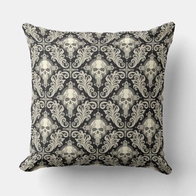 Skulls & Crosses Black and Cream Damask Pattern Outdoor Pillow (Front)