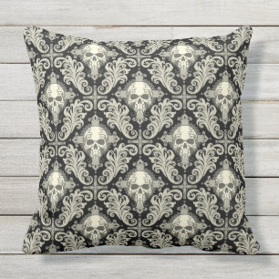 Skulls & Crosses Black and Cream Damask Pattern Outdoor Pillow