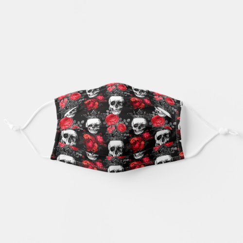 Skulls crowns and faded red roses on black adult cloth face mask