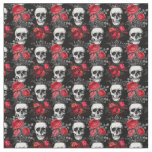 Skulls crowns and faded red roses on dark black fabric