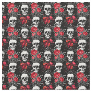 Skulls crowns and faded red roses on dark black fabric