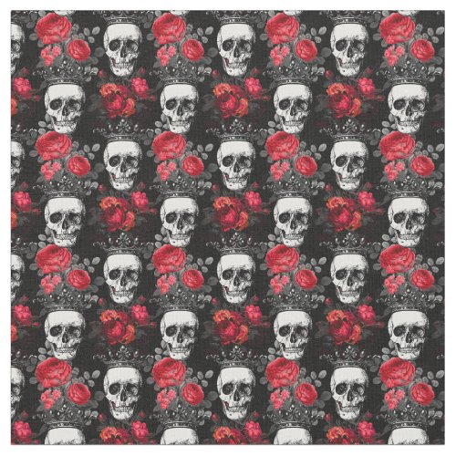 Skulls crowns and faded red roses on dark black fabric