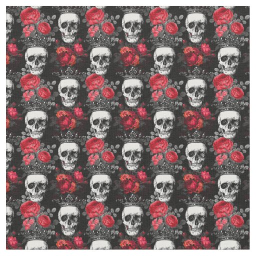 Skulls crowns and faded red roses on dark black fabric