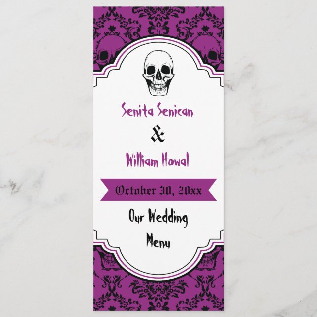 Skulls damask black, purple wedding menu card (Front)