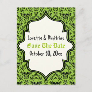 Skulls damask green, black Halloween Save the Date Announcement Postcard