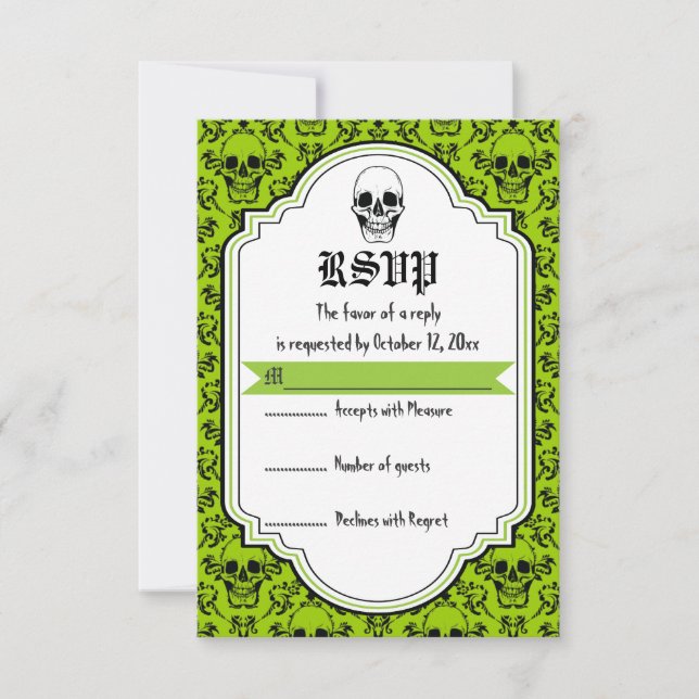 Skulls damask green, black Halloween wedding RSVP (Front)