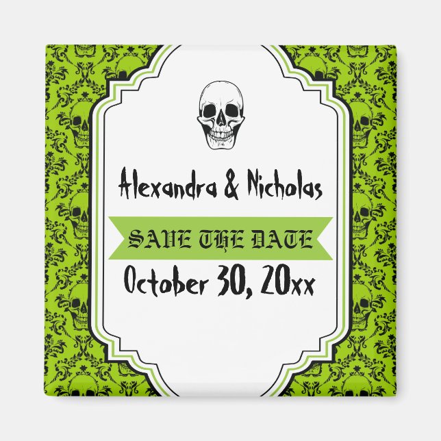 Skulls damask green, black wedding Save the Date Magnet (Front)