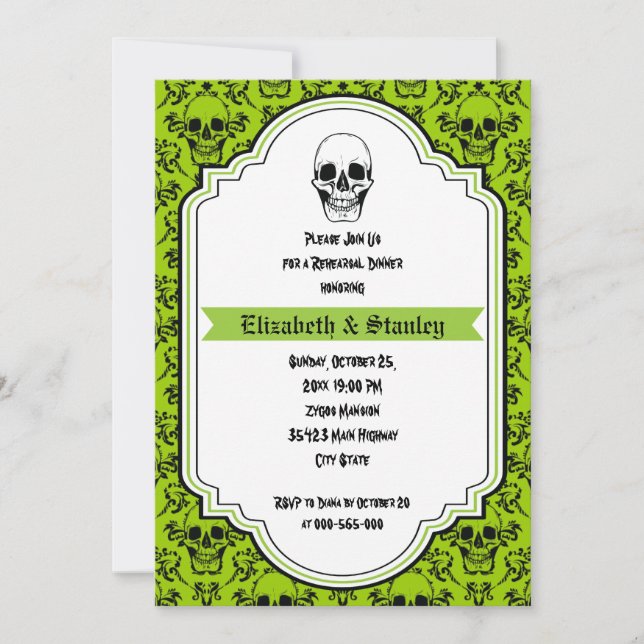 Skulls damask green wedding rehearsal dinner invitation (Front)