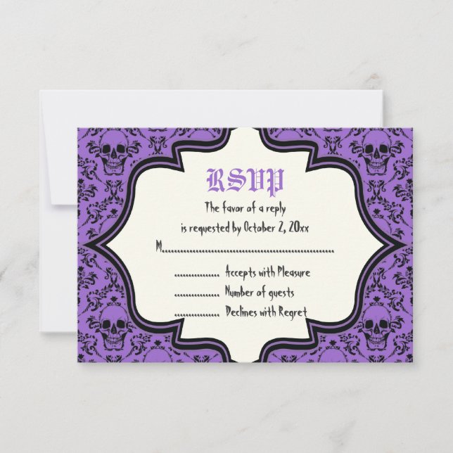 Skulls damask Halloween wedding RSVP card (Front)
