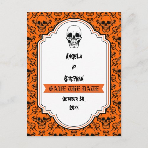 Skulls damask orange black Halloween Save the Date Announcement Postcard
