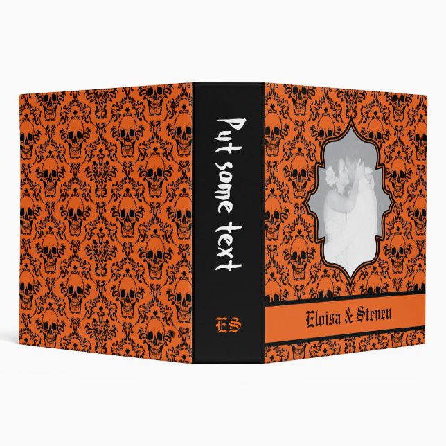 Skulls damask orange black Halloween wedding Binder (Background)