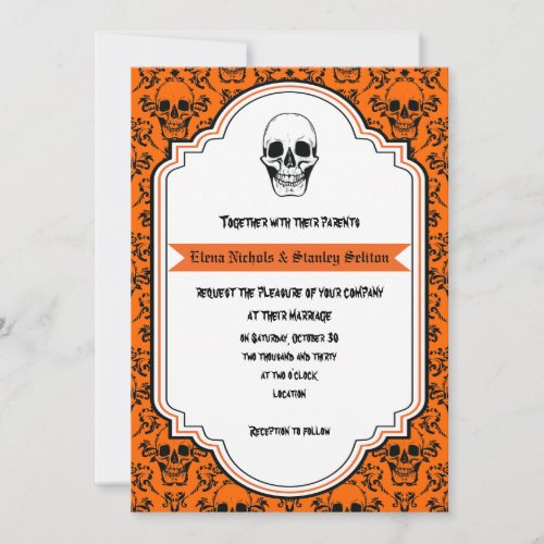 Skulls damask orange black Halloween wedding Invitation