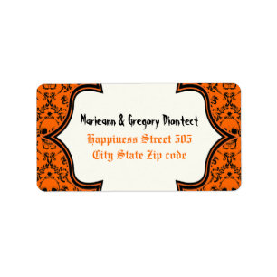 Skulls damask orange black Halloween wedding Label