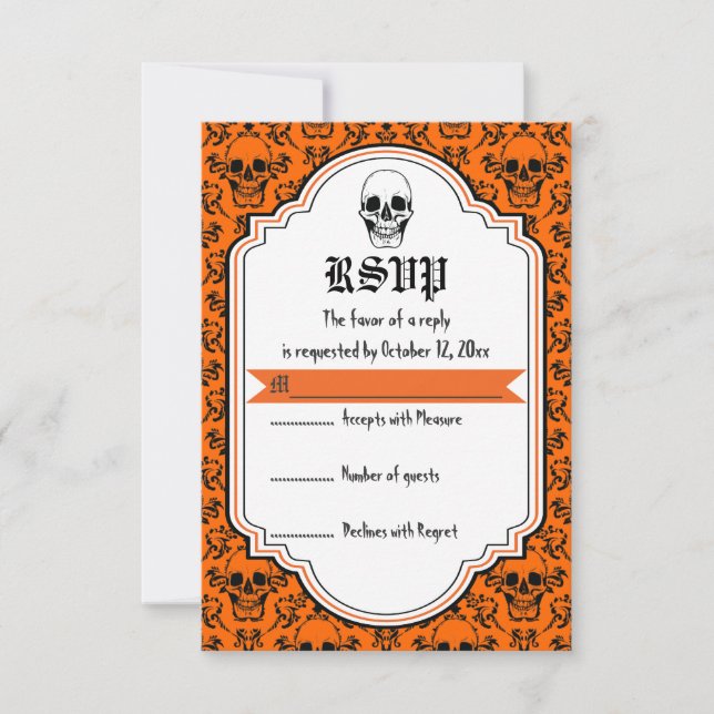 Skulls damask orange, black Halloween wedding RSVP (Front)
