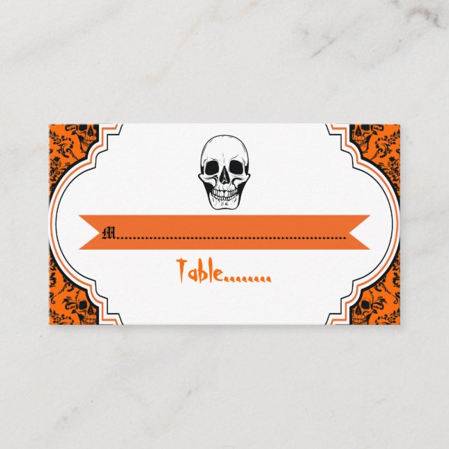 Skulls damask orange, black wedding place card (Front)