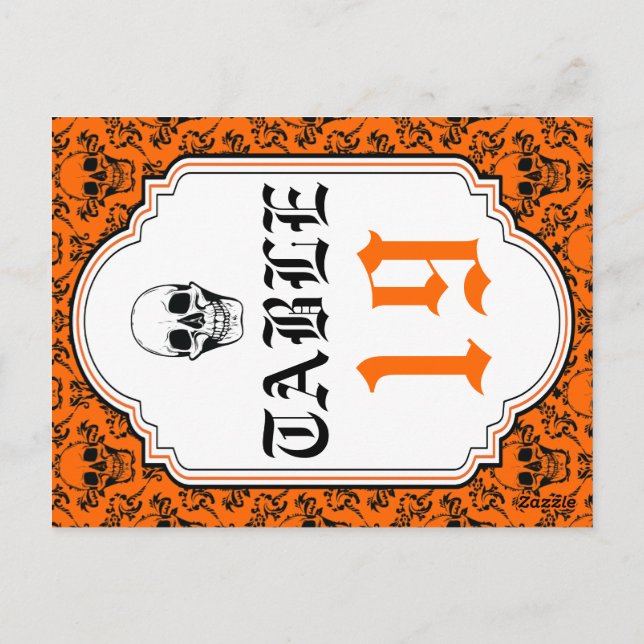 Skulls damask orange, black wedding table number (Back)