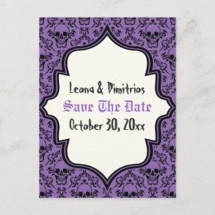 Skulls damask purple black Halloween Save the Date Announcement Postcard