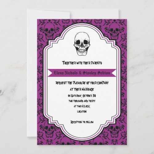 Skulls damask purple black Halloween wedding Invitation