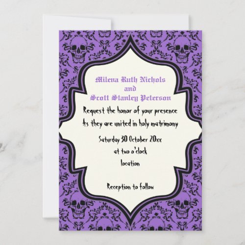 Skulls damask purple black Halloween wedding Invitation