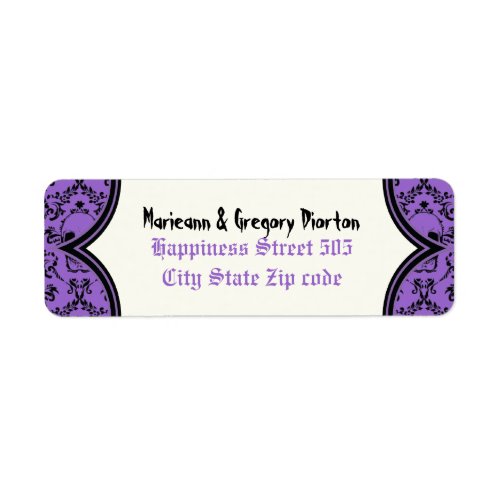 Skulls damask purple black Halloween wedding Label