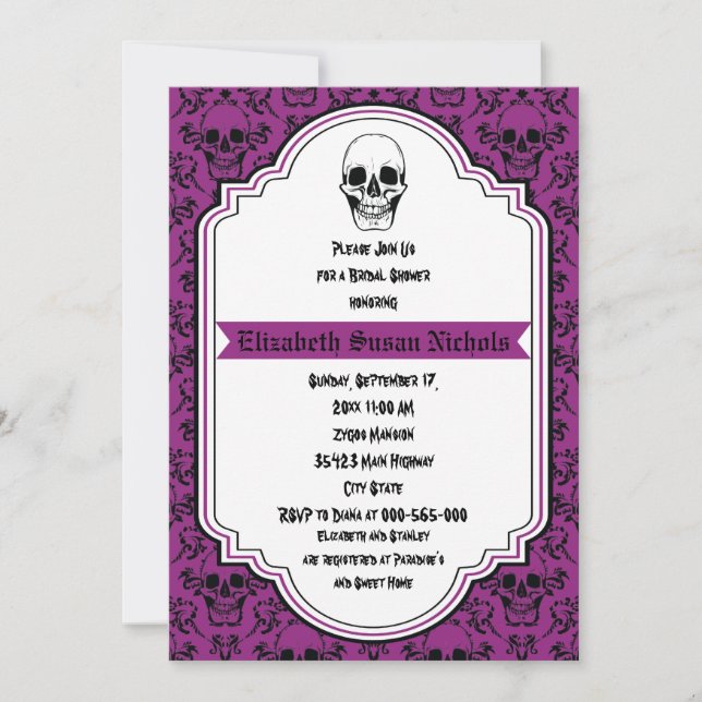 Skulls damask purple, black wedding bridal shower invitation (Front)